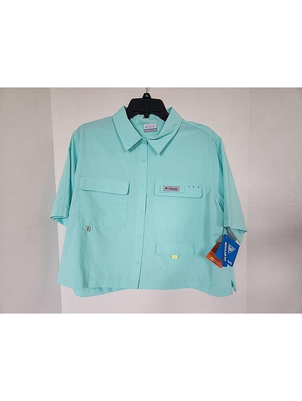 Columbia Women's PFG Open Water Short Sleeve Shirt XL Aqua Mint Pockets Fishing